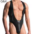 Open Bust Latex Catsuit Men Faux Leather Crotchless Gay Sexy Costumes Bodysuit