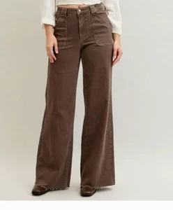 JUDY BLUE HIGH RISE BROWN WIDE LEG JEANS WITH FRONT PATCH POCKETS SIZE 9/29 NWT - Picture 1 of 13