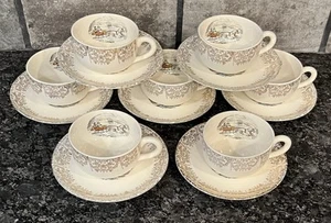 7 Vtg Monarch Currier & Ives Gold Filigree Winter Scene Round Cup & Saucer Sets - Picture 1 of 13