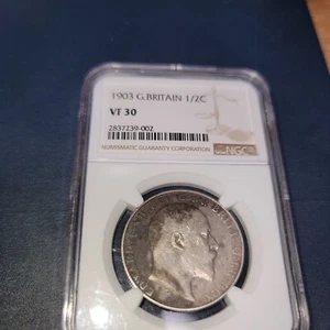 1903 GRAN BRITÁNICA, PLATA 1/2 CORONA, MEJOR FECHA, NGC en muy buen estado 30, #2837239-002 - Imagen 1 de 8