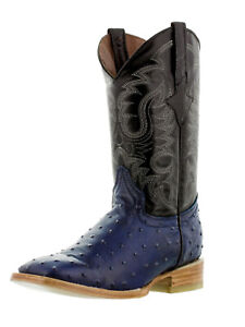 Mens Blue Cowboy Boots Real Leather Pattern Ostrich Quill Western Square Toe