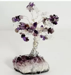 Handmade Amethyst Chip Wire Wrapped Tree On Natural Amethyst Crystal Stone Base - Picture 1 of 6