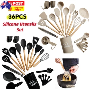Set of 36 Silicone Utensils Set Wooden Cooking Kitchen Baking Cookware Gift - Picture 1 of 25