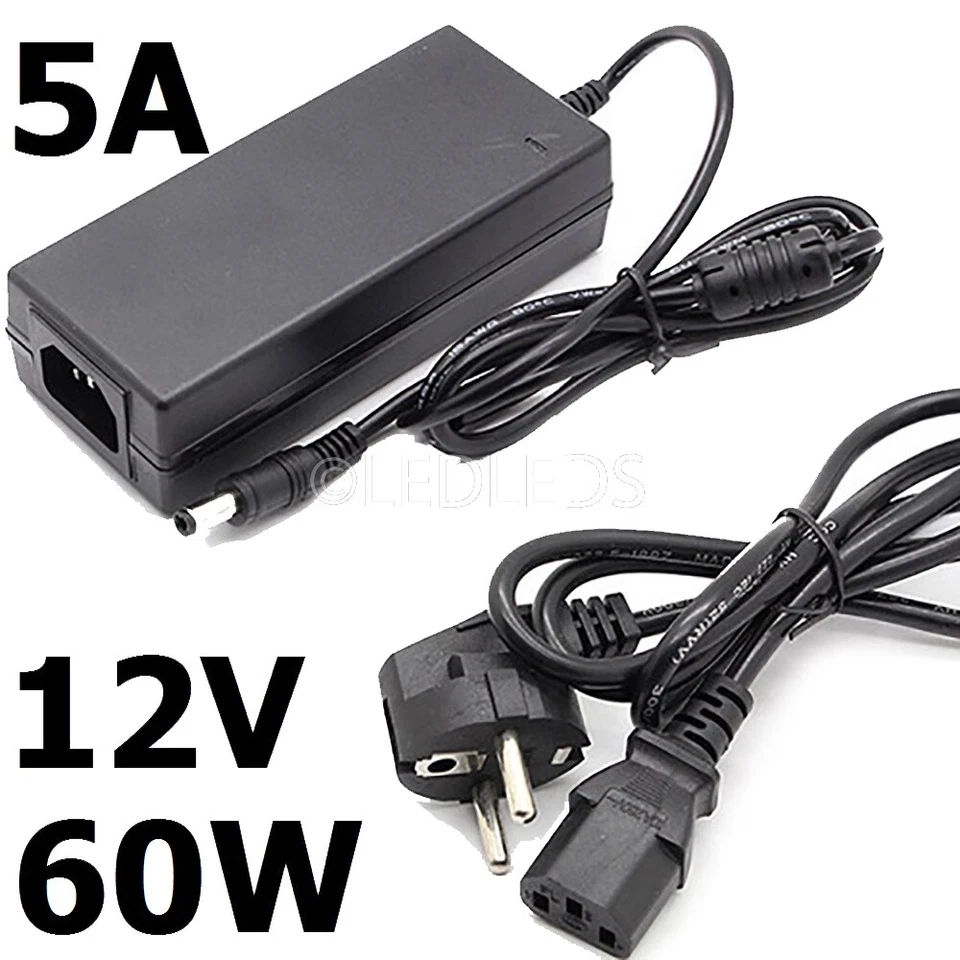 60W 5A 12V DC Alimentatore LED Trasformatore Strip 5 metri m smd 3528 5050 - Immagine 1 di 4