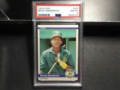 1984 Fleer #447 Rickey Henderson Baseball Card PSA 8 Near Mint-Mint - Image 1 of 2