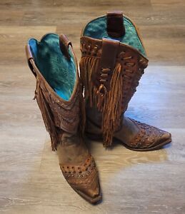 Corral Rare Leather Fringed boots Tons Of Detail 8 women Square Toe Brown
