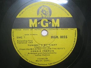 CONNIE FRANCIS in your arms/tonite my INDIA RARE 78 RPM RECORD 10" VG+ crack - Picture 1 of 2