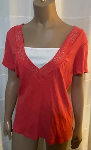 Size 2X Studio Works orange w/white & bling neckline short sleeve Top - Picture 1 of 3
