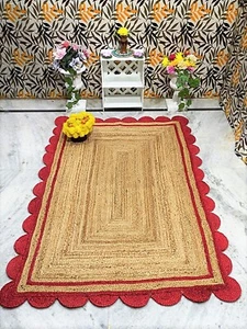 Handmade Braided Natural Pure Jute with Red Design Scalloped Rug - Picture 1 of 11