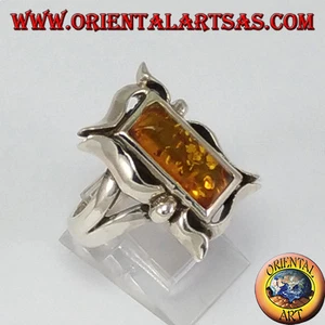 Anillo D' Plata 925‰ Con Ámbar Rectangular En Marco - Imagen 1 de 3