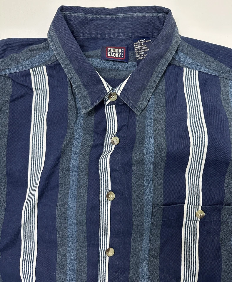 Vintage 90s Faded Glory Shirt Men 2XLT TALL Blue Striped Long Sleeve Heavyweight - Image 1 of 4