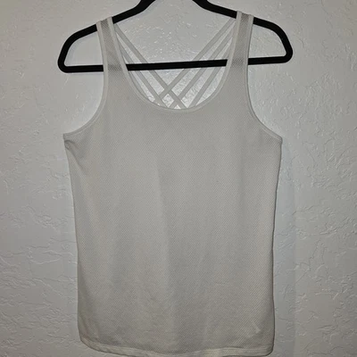 Camiseta sin mangas Victoria's Secret VSX blanca malla media con tiras ropa deportiva gimnasio yoga calce Foto 1 de 4