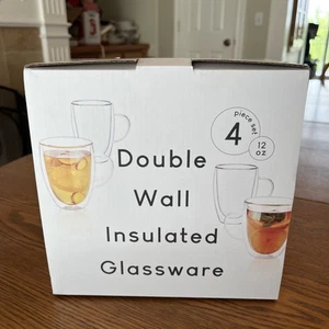 Double Wall Insulated Glass Coffee Mugs, Four 12 OZ Coffee Cups W/Handle NEW - Picture 1 of 5
