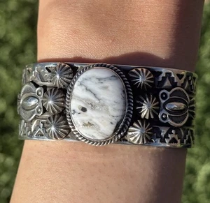 Navajo Sterling Silver White Buffalo Turquoise Cuff Bracelet A Andy Cadman - Picture 1 of 12