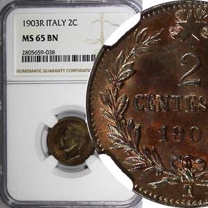 Italy Vittorio Emanuele III 1903 R 2 Centesimi NGC MS65 BN TOP GRADED KM# 38 (8) - Picture 1 of 4