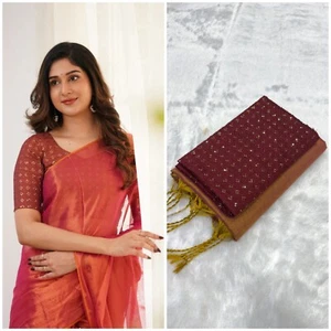 Beautiful South Indian Cotton Tissue Silk Solid Belly Dance Saree With Fancy Top - Picture 1 of 9