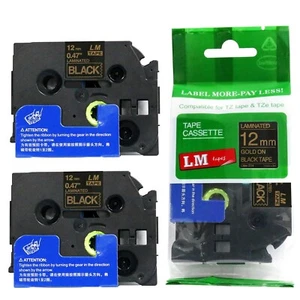 Paquete de 2 cintas doradas sobre negras de 12 mm para fabricante de etiquetas P-touch modelo PT1900, PT-1900 - Imagen 1 de 1