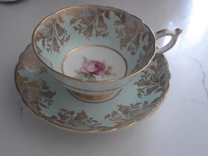1953 Paragon Mint Green Gold Floral Tea Cup & Saucer with Royal Warrants - Picture 1 of 5