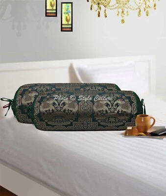 Green Bolster Cover Bolster Cover Brocade Jacquard Gypsy Tribal Hippie Pillow - Image 1 of 4