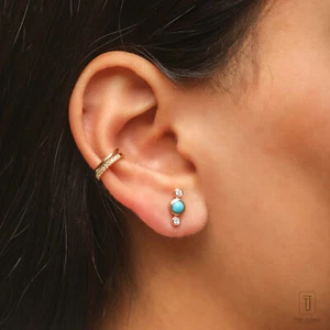VS/F-G Diamond 14K Gold Turquoise Tiny Studs Earrings- The Jewelz - Picture 1 of 7