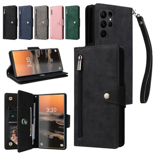 For Samsung Galaxy S23 S24 Ultra/S23 FE/22+Flip Card Slot Stand Wrist Strap Case - Zdjęcie 1 z 73