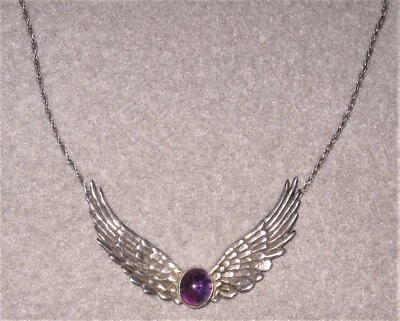 COLLAR PIEDRA AMATISTA ALAS PLATA ESTERLINA DISEÑO ORIGINAL FURGONETA FLOTA VINTAGE Foto 1 de 4