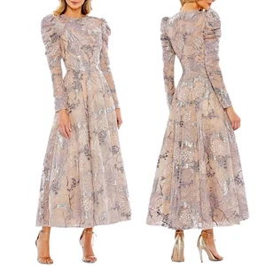 NEW Mac Duggal Embellished High Neck Puff Sleeve A-Line Dress Taupe Women Size 6 - Picture 1 of 12