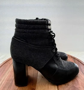Antonio Melani Boots Women's Size 9 Black Gray Block Heel Lace Up Ankle Lug Sole - Picture 1 of 13
