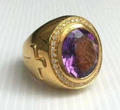 Anillo de alfil cruzado de amatista creado en laboratorio de corte ovalado de 5 quilates enchapado en oro amarillo de 14k Foto 1 de 4