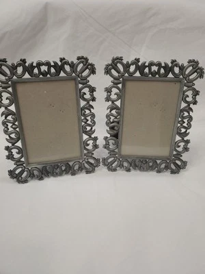 Set Of 2 Pewter Baroque Scrollwork Picture Frames For 4"x6” Photos Glass - Image 1 of 4