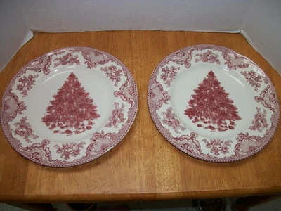 2 Johnson Brother Old Britain Castles Christmas Tree 10.5 dinner plates #2 Pink - Image 1 of 2