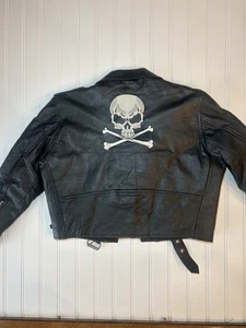 UNIK Black Leather Jacket Skull Embroidery Biker Youth Size 10 Black Full Zip - Picture 1 of 21