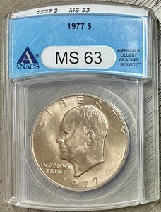1977 Eisenhower Dollar, ANACS MS-63, Older Blue Holder - Picture 1 of 2