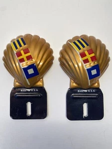 Pair Of Vintage Shell Gas Station Oil Sea Shell License Plate Topper Yellow NOS - Picture 1 of 3
