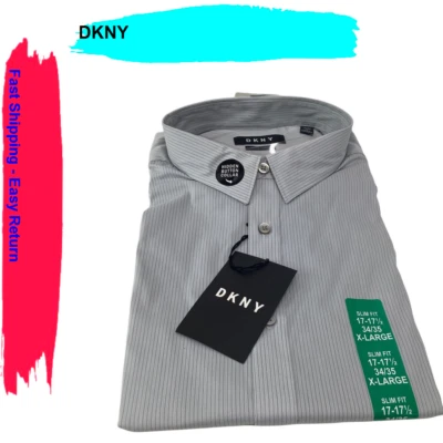 DKNY Men's Slim Fit Button Front Stretch Shirt Gray Stripe 17-17 1/2-32/33 XL/X - Image 1 of 2