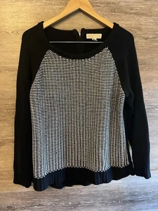MICHAEL KORS WOMEN KNIT SWEATER LOGO PRINT Zipper BLACK WHITE Sz large Preppy - Picture 1 of 10
