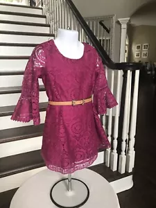 Pink & Violet Little Girl’s Lace Magenta 3/4 Sleeves Dress With Belt Size 4 - Picture 1 of 12