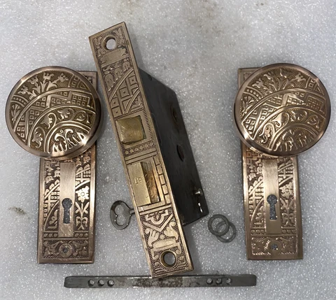 Antique Polished Brass Door Set, Lock, Knobs, Plates,  by Corbin "Ceylon" c1895 Cover