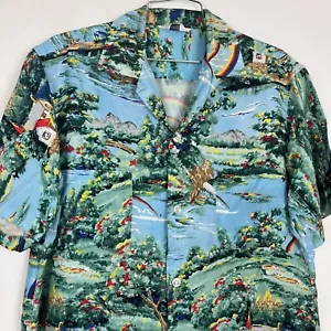 Vintage Penney’s Shirt Hawaiian Rayon Loop Collar 50s Blue Rainbow Medium - Picture 1 of 10