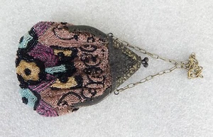 Antique micro beaded mesh purse bag Victorian Germany silver-plate pink purple - Picture 1 of 5