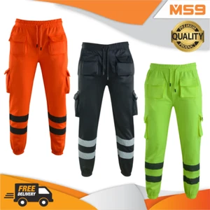 MS9 Mens Hi Viz Vis High Visibility Fleece Cargo Work Trousers Joggers H1 - Picture 1 of 23