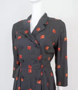 1950s True Vintage L'Aiglon Embroidered Wool Twill Shirtmaker Dress - Picture 1 of 6