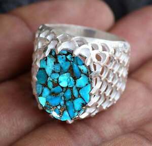 Solid 925 Sterling Silver Natural Blue Turquoise Oval Gemstone Mens Ring Jewelry