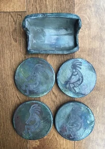 4 Ben Diller Raku Tile Maui Hawaii Petroglyph Pottery Coasters w Holder. Signed - Picture 1 of 5