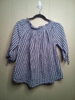 Izod Blouse L Short Sleeve Elastic Neck Gingham Plaid Blue White - Image 1 of 4