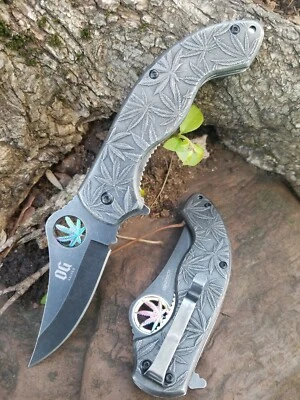 Marijuana Leaf Gray Rainbow  Pocket Knife, Fast Open All Metal Good Quality😍 - Image 1 of 4