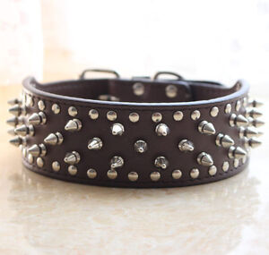 Dark Brown Leather Spikes Studded Pet Dog Collars Pitbull Terrier Boxer S M L XL