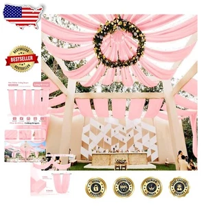 Romantic 6-Piece Pink Sheer Ceiling Drapes 5ft x 20ft for Events & Weddings - Picture 1 of 9