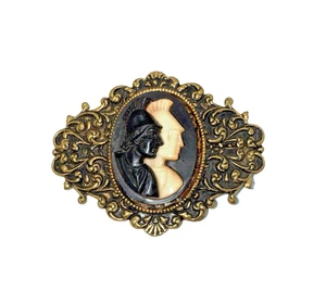 Vintage Carved Plastic Roman Warriors Cameo Gold Tone Floral Repousse Pin Brooch - Picture 1 of 3