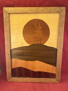 VTG Wood Inlay Marquetry Antelope Landscape Sun Mountain Wall 12.5”x9.5” - Picture 1 of 5